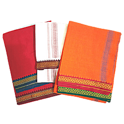 Traditional White, Orange and Red Colours Dhothis Pack of each 1Dhothi